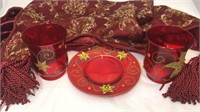 3 glass poinsettia candle holders and red/ gold