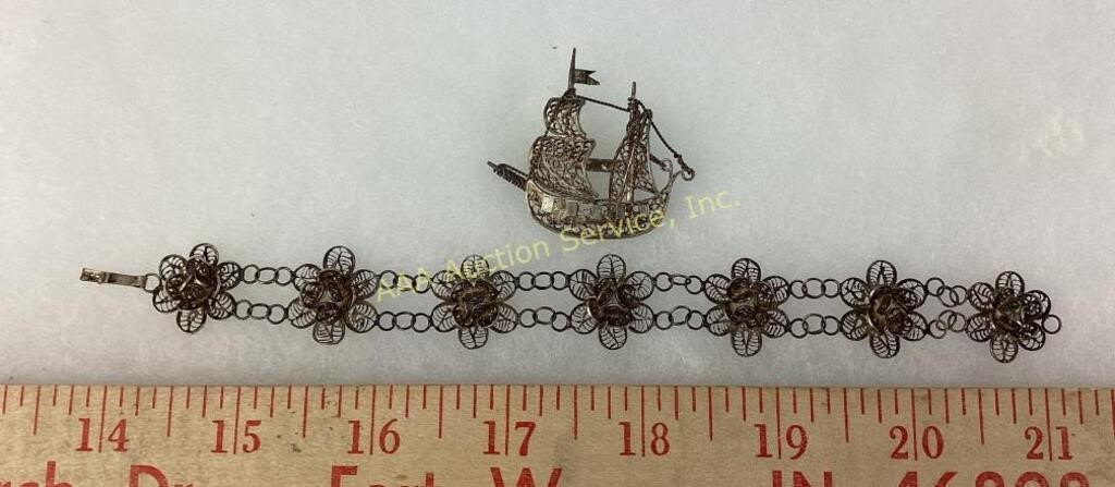 800 silver filigree ship pin, Mexico silver