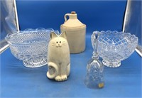 Small White Jug & Pattern Glass, Wooden Cat & More