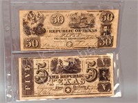 1846 Republic of Texas- $5 & $ 50 notes