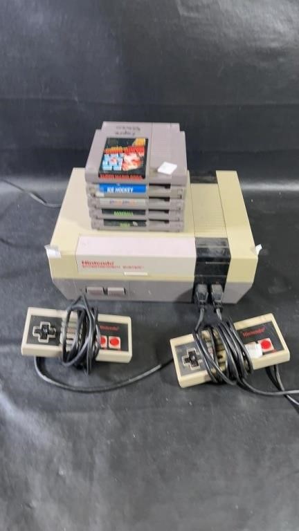 Powered on Nintendo NES console with two