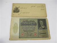 10,000 Mark 1922 Paper Money & 1880s Checks