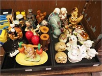 Two trays of salt and pepper shakers: animals,
