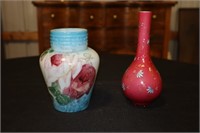 2 Hand-blown hand painted floral decorated vases