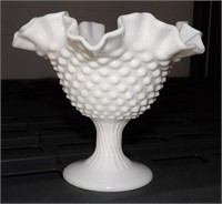 Fenton White Milk Glass Hobnail Ruffled Compote