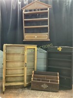 3 WOODEN DISPLAY CABINETS AND DESK ORGANIZER