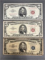 (3) $5.00 Blue and Red Seal Bills