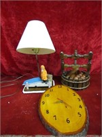 wood nautical theme lamp, clock, wood fruit.
