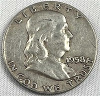 1958 Franklin Silver Half Dollar, US 50c Coin