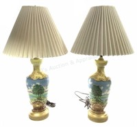 Pair Of Ceramic Table Lamps, Lake Scenes