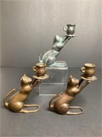 Vintage Brass Cat Figure Candle Stick Holders