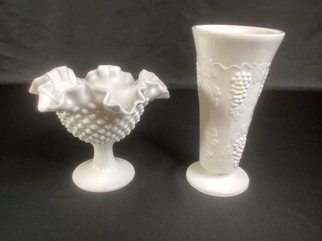 Fenton Milk Glass Hobnail Candy Dish & Grape Vase