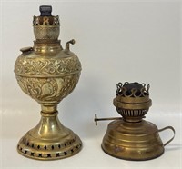 TWO ANTIQUE BRASS OIL LAMPS INCL EMBOSSED
