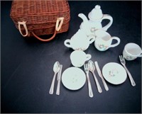 Vtg Children's Picnic Set w/ Basket, China & Utens