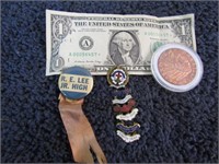 PINS, 1oz COPPER COIN & $1 BILL