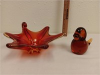 Red/Yellow Murano Glass Dish, 4" Amber Glass Bird