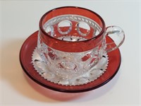 Teacup & Saucer King's Crown Thumbprint Cranberry