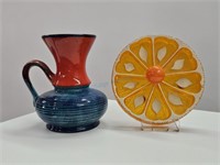 West German Pottery Vase + Orange Lucite Tray