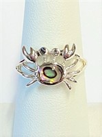 .925 Silver Abalone Shell Crab Ring Sz 7   L