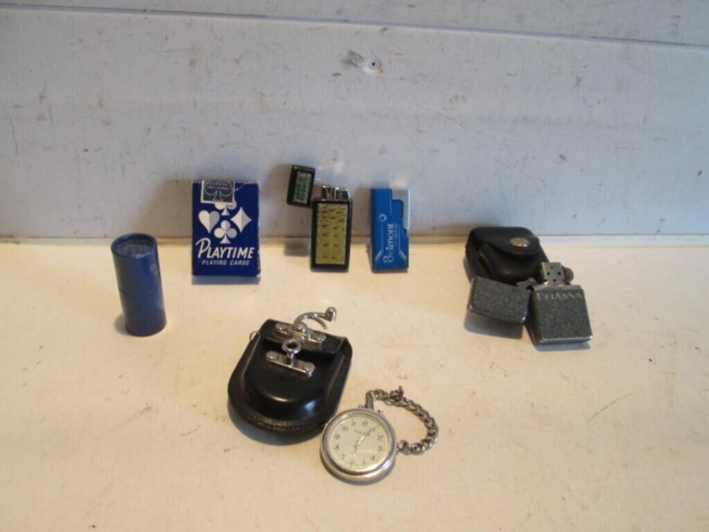 VINTAGE LIGHTERS, POCKET WATCH, PLAYING CARDS
