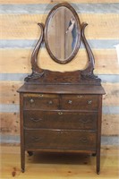 Antique Tiger Oak Dresser W/Beveled Mirror