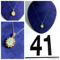 [F] Stamped 10K Chain & Faux Opal Pendent Lot#1