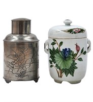 A Chinese Porcelain Tea Caddy 1900-20 & Chinese Pe