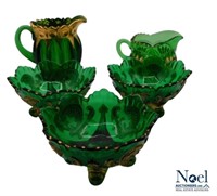 Antique Green Glass Berry Bowls EAPG Beaded Swirl