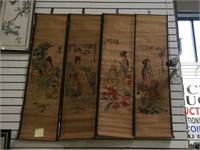 4 ASIAN SCROLL PANELS HAND PAINTED WITH HALLMARKS