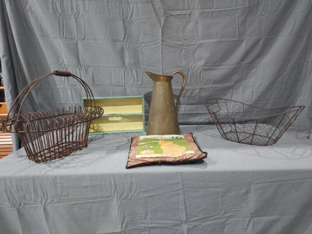 Wire Baskets, Brass Pitcher and more