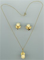 12k 1/20 Gold Carved Rose Necklace & Earrings 16”