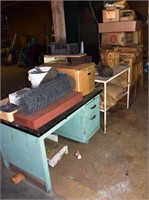 Lot: metal desk, table, wooden crates, assorted su