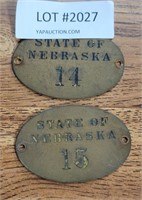 2 VTG BRASS STATE OF NEBRASKA IDENTIFICATION TAGS