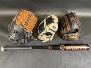 Easton, Wilson, Louisville Slugger Gloves and Bat