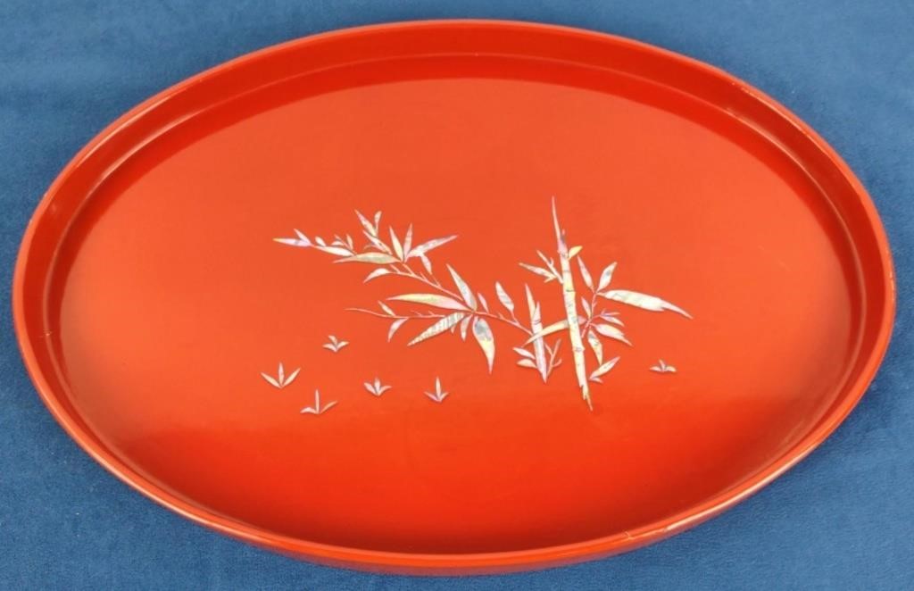 Red Lacquer Chinoiserie w/ Inlaid MOP Oval Tray
