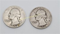 2) 1952 D Silver Washington Quarters