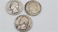 3) 1954 D Silver Washington Quarters