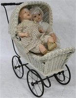 1920S WHITE PAINTED WICKER DOLL CARRIAGE WITH 2