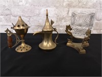 Brass home decor lot, incense, urn, candle holder