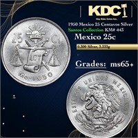 1950 Mexico 25 Centavos Silver Santos Collection K