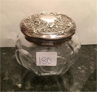 Antique glass jam pot slight chip & sterling lid
