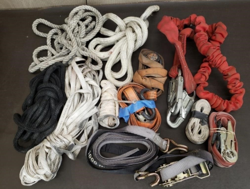 Lot of Ratchet Straps, Tow Strap & Assorted Rope