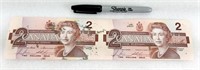 2x Billet de DEUX DOLLARS canadiens 1986 non coupé