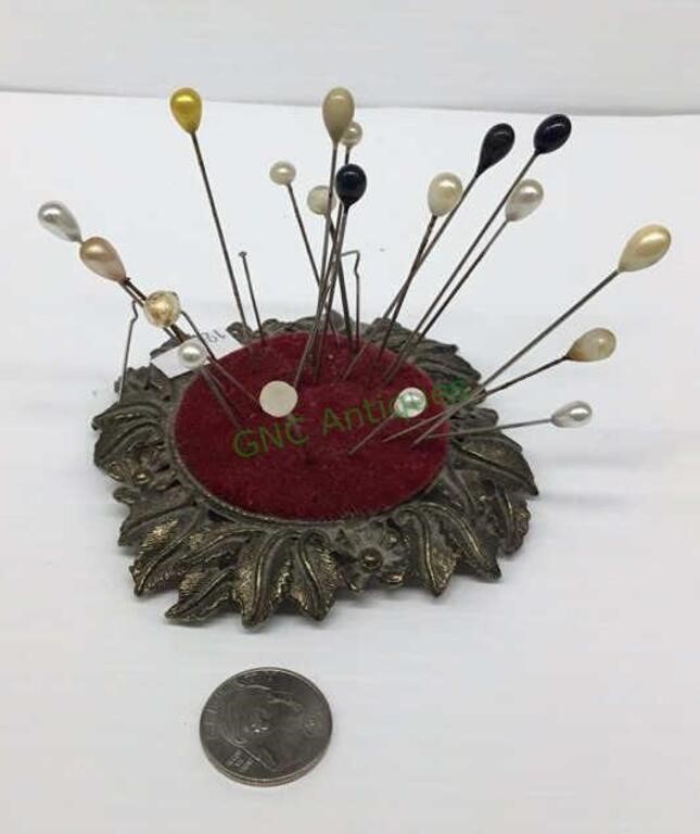 Mid century pin cushion with pins - metal base