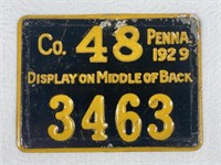 1929 PA RESIDENT METAL HUNTERS LICENSE TAG: