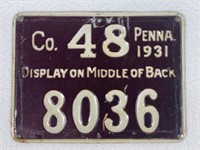 1931 PA RESIDENT METAL HUNTERS LICENSE TAG: