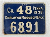 1932 PA RESIDENT METAL HUNTERS LICENSE TAG: