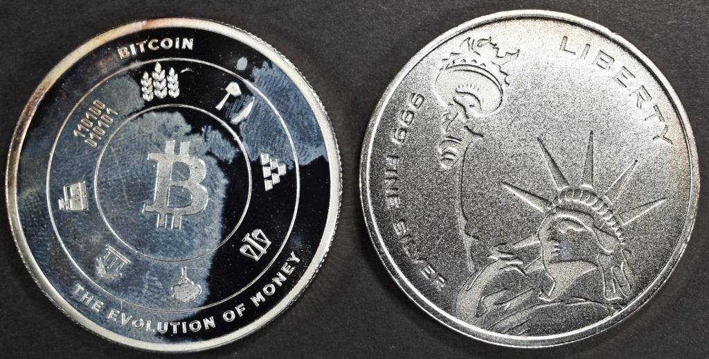 (2) 1 OZ .999 SILV ROUNDS, BITCOIN & STATUE OF LIB