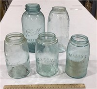 5 blue glass mason jars