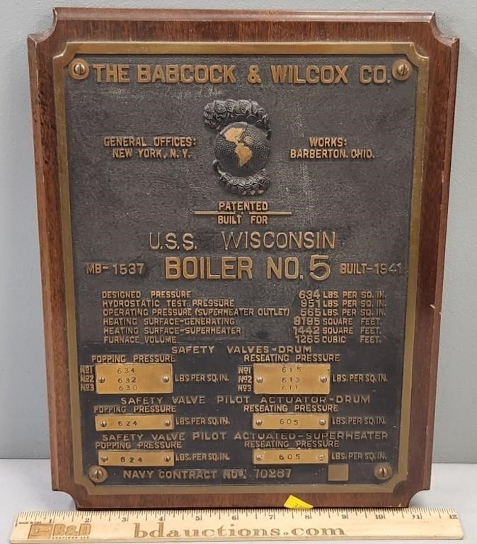 U.S.S. Wisconsin Boiler Plaque US Navy